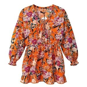 NEW DELUC LARGE Romper Orange Floral Print Tie Neck Long Sleeve Ruffle - AC
